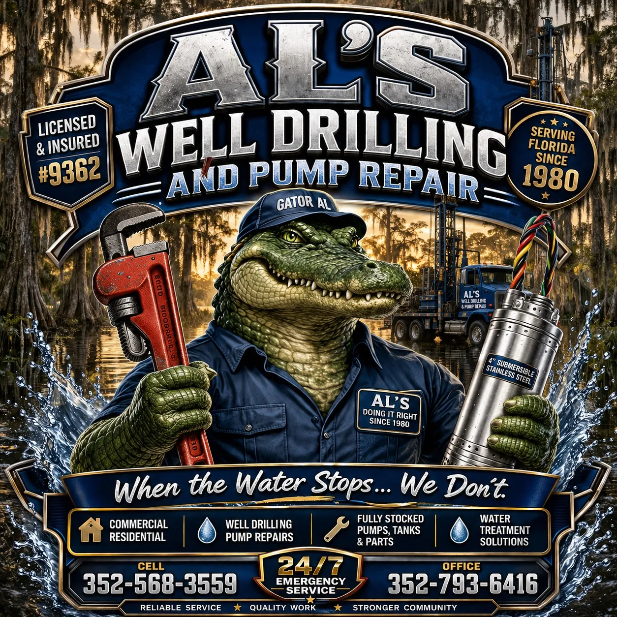Gator AL mascot for AL’s Well Drilling and Pump Repair